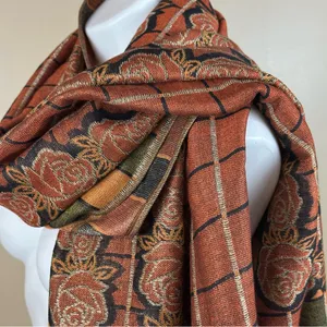 Pashmina & Silk Floral Patterned Scarf with Fringe Old Money Chic Classic thumbnail 3