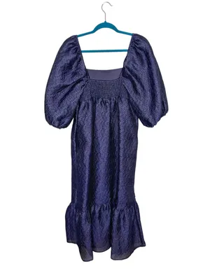 NWT Anthropologie Navy Blue Textured Puff Sleeve Dress thumbnail 8