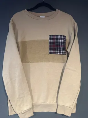 Zara S Tan Plaid Pocket Sweatshirt Colorblock Crewneck Preppy Academia thumbnail 1
