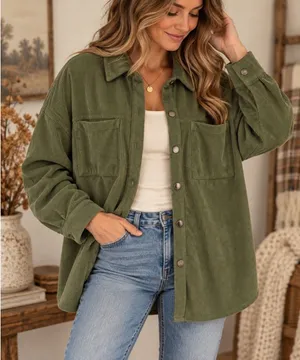 PrettyGarden Chic Women’s Medium Olive Green Corduroy Shacket Snap Front Pockets thumbnail 1