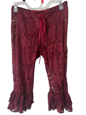 ROMWE Burgundy Grunge Fairy Sheer Lace Ruffled Bell Bottom Bloomer Pants cropped thumbnail 5