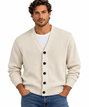 Zara Men Cream Knit V-Neck Button Cardigan Sweater Size Large thumbnail 1