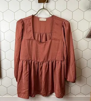 Altar'd State Rust Long Sleeve Square Neck Peplum Blouse - Size - Medium thumbnail 1