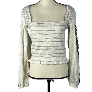 Free People Maggie Medium Embroidered Top Square Neck Smocked Puff Sleeves Ivory thumbnail 3