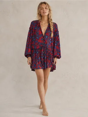NEW Free People Red Floral Bohemian Keyhole Long Sleeve Mini Dress SMALL Tunic thumbnail 6