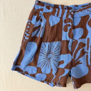 Paper Heart Abstract Floral Linen Blend High Rise Shorts Womens M Brown Blue thumbnail 3