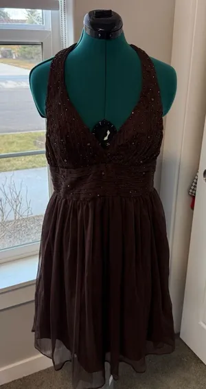 Brown Vintage Mini Y2K Halter Embellished Beaded Tulle Dress Fairycore Large thumbnail 1