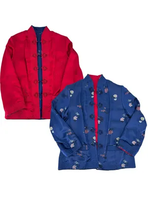 Peony Asian Kimono Jacket REVERSIBLE Blue Floral or Red Shanghai China Vintage L thumbnail 2