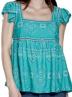 NWT Wrangler Retro Square Neck Aztec Print Top Teal Size Medium thumbnail 1