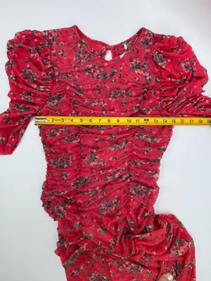 Free People Red Floral Ruched Midi Dress with Puff Sleeves thumbnail 8