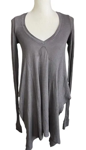 Lagenlook Charcoal Grey Long Sleeve Flowy Tunic Top Shark Bite Hem boho small thumbnail 1