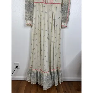 Vintage 70s Floral Prairie Maxi Dress Lace Trim Cottagecore Sheer Sleeve Cream thumbnail 5