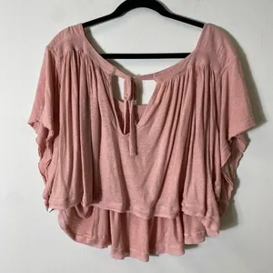 Free People Pink Oversized Cropped Scoop Necked Top Sz L thumbnail 2