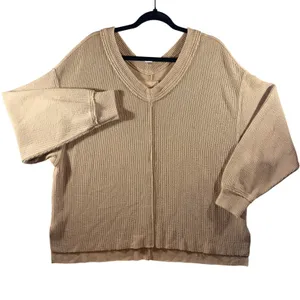 327 | Aerie Women Medium Oversized V-Neck Waffle Knit‎ Thermal Sweater Tan thumbnail 1