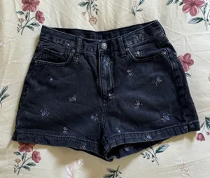 American Eagle Dark Wash Grey Jean Short with Embroidered Flowers thumbnail 1