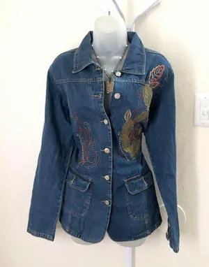 Unique 2000s Y2K Navy blue Embroidered jean denim fitted jacket floral leaf design #boho #hippie #indie #western Excellent condition, measurements in pics 100% cotton thumbnail 1