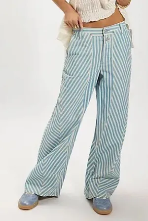Free People Runyon Striped Pants in West Ridge Blue Patte NWT thumbnail 1
