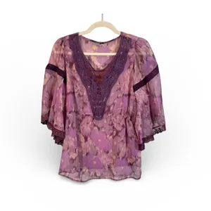 Free People Purple Indie Crochet Boho Blouse Womens S Festival Flutter 70s Style thumbnail 2