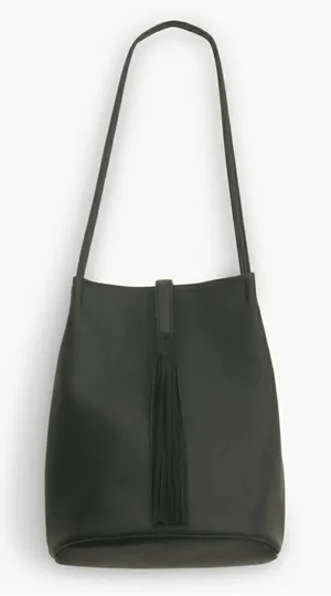 Lucky Brand Black Vegan Leather Tassel Tote Double Handle Bucket Bag thumbnail 1