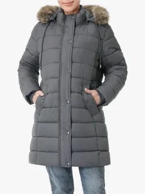 Women's Gray Quilted Long Puffer Coat with Faux-Fur Trim Hood thumbnail 2