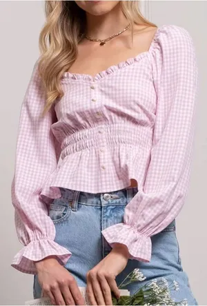 mine Pink Gingham Smocked Peplum Blouse thumbnail 1