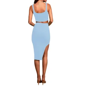 Women's 2 Piece Outfits Tank Top Ribbed Knit Bodycon Slit Skirt Set Blue small thumbnail 6