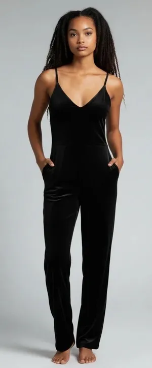 Express Black Velvet V-Neck Double Strap Jumpsuit XL 941332 thumbnail 1