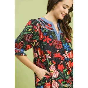 Umgee‎ Floral Tiered Puff Sleeve Dress - Black Mix - Small thumbnail 4