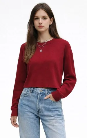 Brandy Melville burgundy red waffle knit slightly cropped thermal top. thumbnail 1