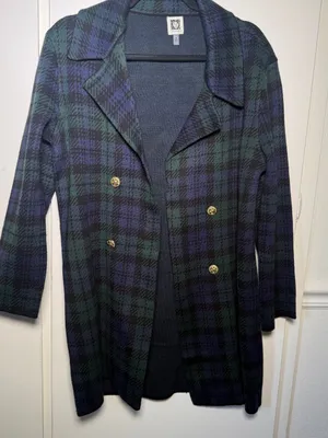Ann Klein Double-Breasted Green & Navy Plaid Sweater Peacoat Cardigan Medium thumbnail 2
