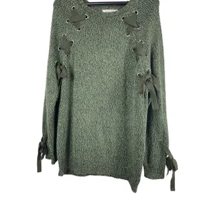 Audrey Parks Francesca’s Sweater Womens M Heathered Green Lace Up Knit Boho NWT thumbnail 4