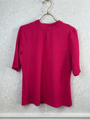 Maeve by Anthropologie Hot Pink Sheer Mesh Mock-Neck Top - Size - Large thumbnail 6