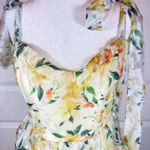 Lulus Yellow Floral Tiered Maxi Dress M Cottagecore Wedding Guest Chiffon NWT thumbnail 3