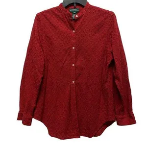 Lauren Ralph Lauren Red Eyelet Button Up Shirt Women Medium Roll Up Sleeve LRL thumbnail 1