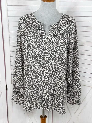 Loft Leopard Print Gathered Neck Button Up Blouse Cream Tan Large Long Sleeve thumbnail 1