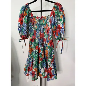 Cara Cara Floral Mini Dress Multi Smocked Puff Sleeve Tiered Cotton M thumbnail 6