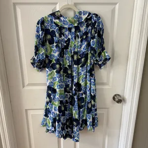 Free People Floral Mini Dress Blue Green Flowy‎ V Neck Size LG Moon Chaser thumbnail 4