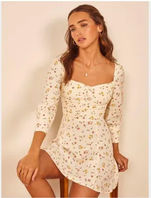 Reformation Cream Floral Long Sleeve Dress thumbnail 2
