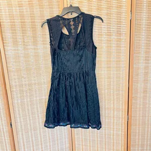 Free People Water Lilly RARE black metallic pinstripe crotchet lace mini dress thumbnail 7