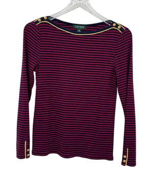 Ralph Lauren LRL blouse women's M striped red navy boatneck button cuff nautical thumbnail 1