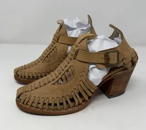 Freebird Poisn Huarache Bootie Sandals Tan Leather Woven Block Heel Womens 9 thumbnail 1