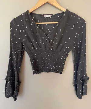 Altar'd State Black White Polka Dot Smocked Wrap Crop Blouse thumbnail 1
