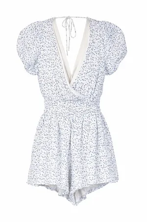 Altar'd State Floral Romper XS White‎ Purple Ditsy Puff Sleeve V-Neck Smocked thumbnail 1