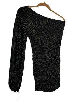 Lucy in the Sky Black‎ Ruched One Shoulder Long Sleeve Bodycon Mini Dress Large thumbnail 1