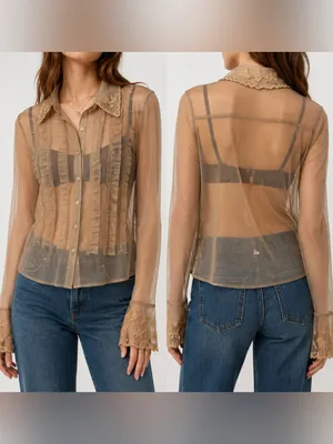 Newport News Vintage Sheer Mesh Blouse Size 8 Embroidered Lace Ruffle Y2K thumbnail 2