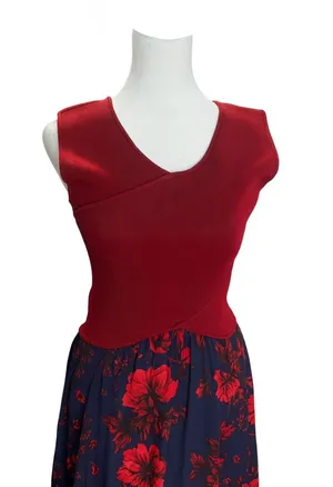 Sachin & Babi Crossover Red Knit Navy Floral Fit Flare Midi Dress Size 2 thumbnail 3