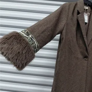 NKN Nekane Womens Wool Blend Coat Sz Small Brown Herringbone Faux Fur Old Money thumbnail 5