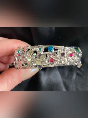 Silver Floral Bangle Bracelet w/ Pink, Green and Teal Crystal Accents thumbnail 9