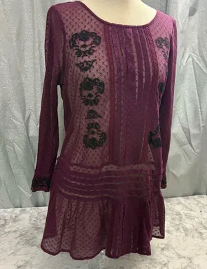 Free People maroon and Black enroidered sheer Jocelyn tunic top thumbnail 8