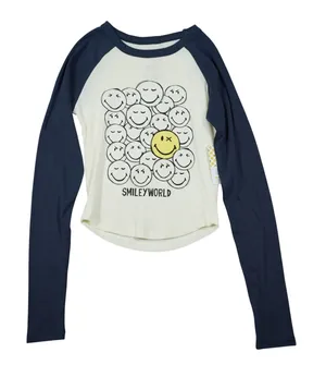 The‎ Vinyl Icons SmileyWorld Raglan Baseball Tee Navy Cream XS NWT Casual Lounge thumbnail 1